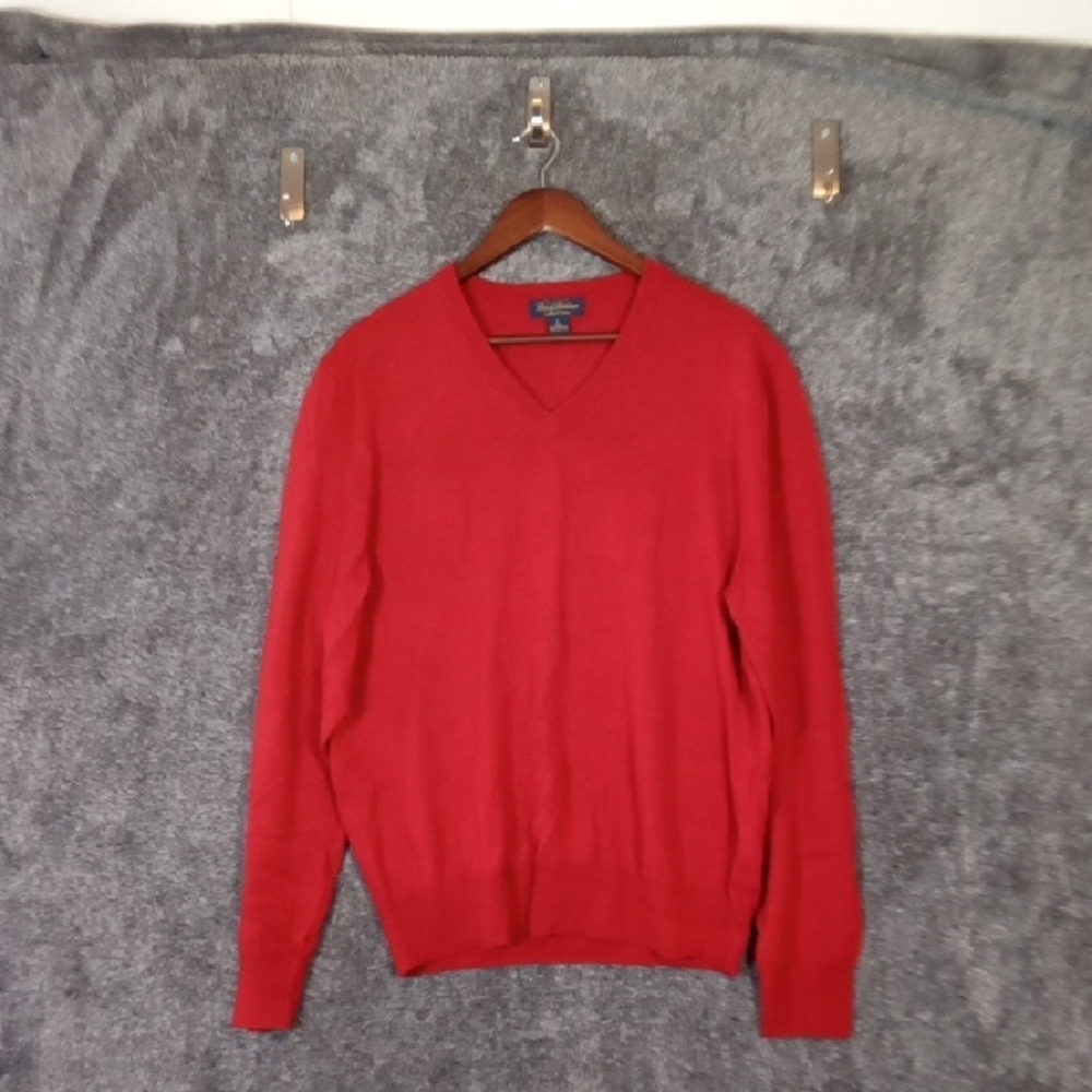 Brooks Brothers Saxxon Wool V Neck Long Sleeve Red Holiday Party Sweater Mens